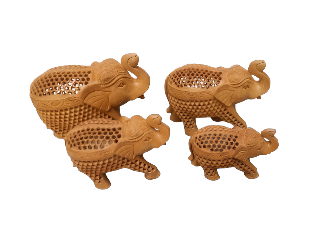 Handcrafted Wooden Jali Elephant Set (3/4/5/6 Pieces) – Decorative Rajasthani Handicraft