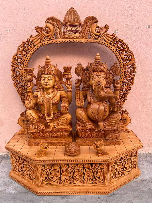 Handcrafted Wooden Ganesh Ji & Lakshmi Ji Idol Set – 18 Inch | Premium Home Temple Décor